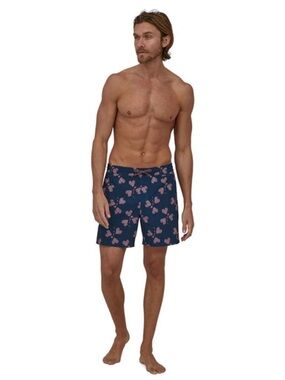 Patagonia Navy Board Shorts with Pink Floral Print, Green marble print.